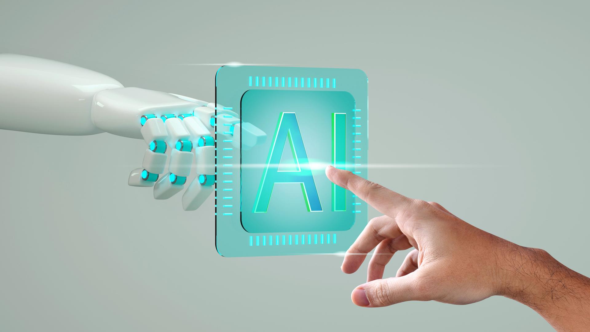 A robot hand and a human hand touching each other, technology, generative ai, artificial intelligence, llm, large language model concept