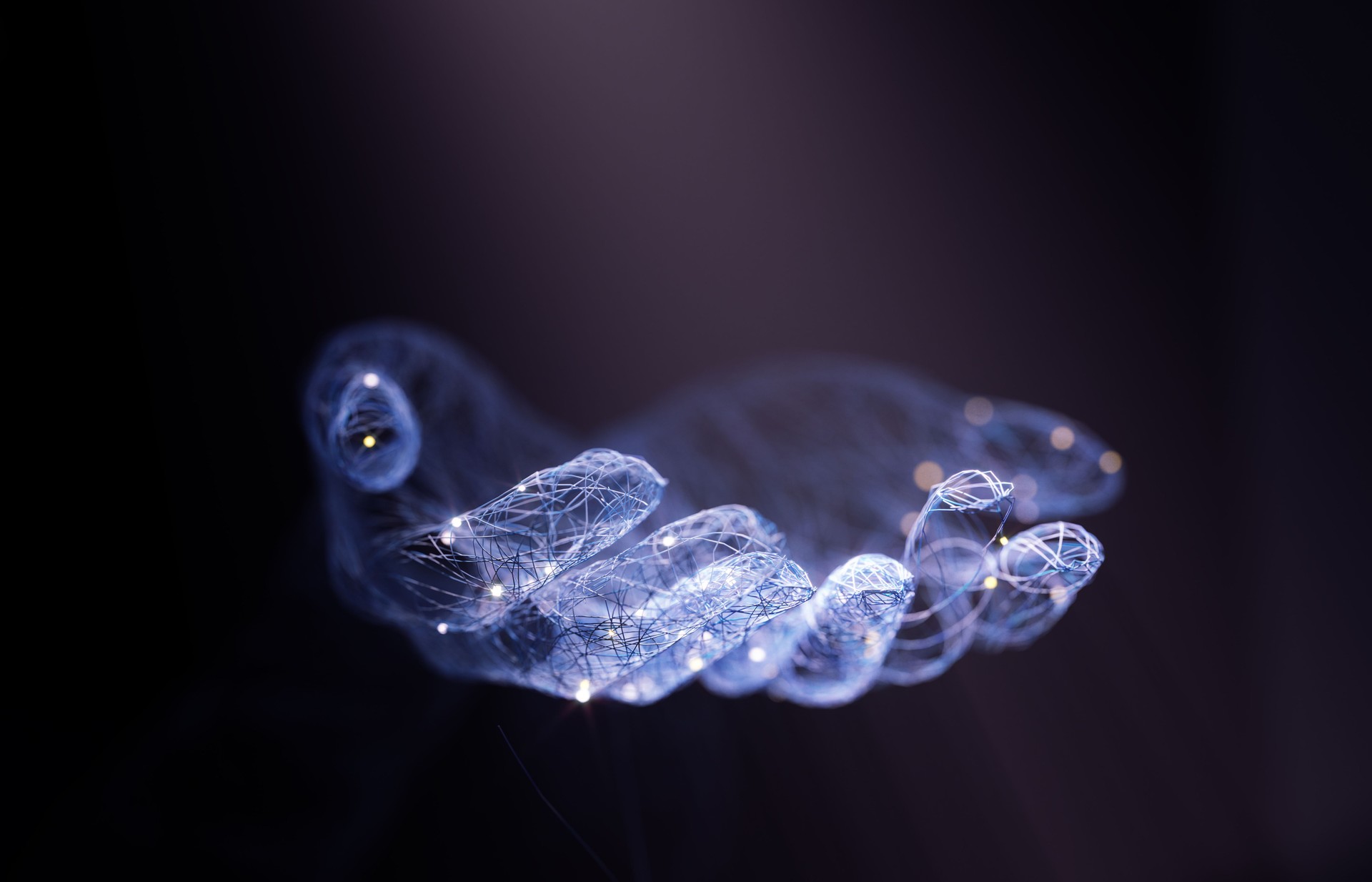 Technology brings light concept. Abstract wireframe hand support gesture 3d illustration. Open palms in dark with glowing effect, AI presents new opportunities