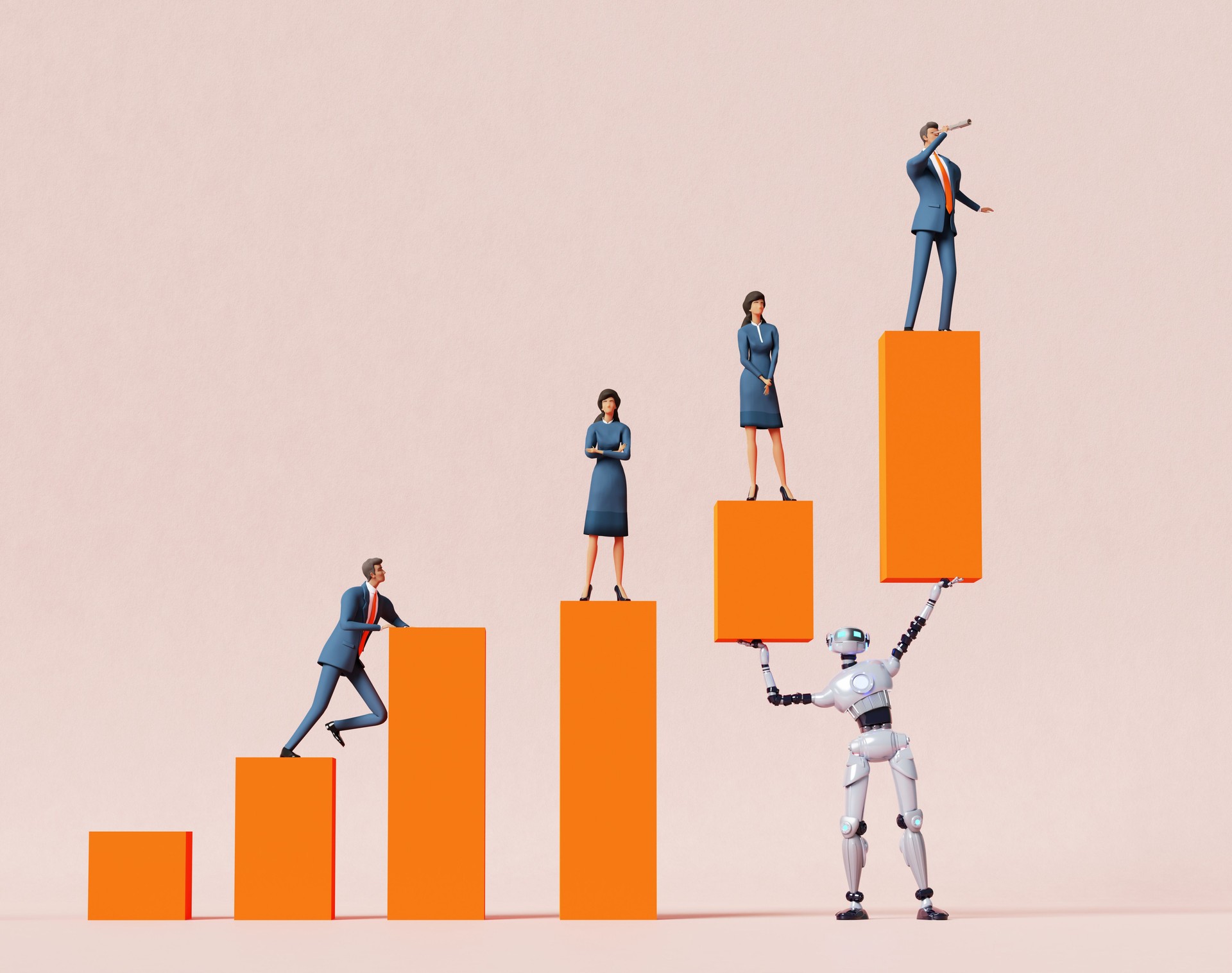 Robot holds up charts with business people stays on it, AI helping to people in work, business, sorting problems, assist and monitoring progress. Business concept 3D rendering