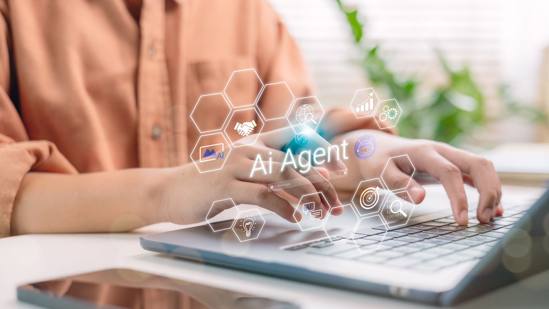 User interacting with AI agent interface on laptop, representing autonomous assistant, intelligent automation, smart chatbot, and digital task management powered by artificial intelligence.